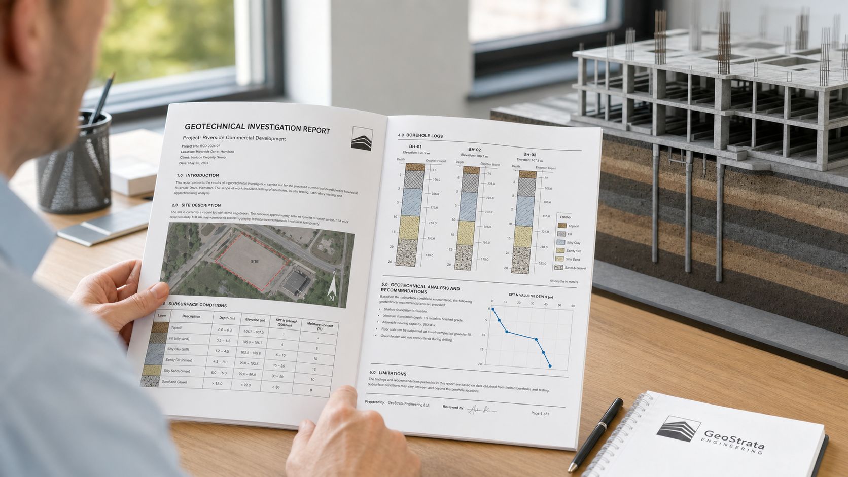 En ingeniør gennemgår en geoteknisk undersøgelsesrapport sammen med en bygningsmodel på et skrivebord på kontoret.