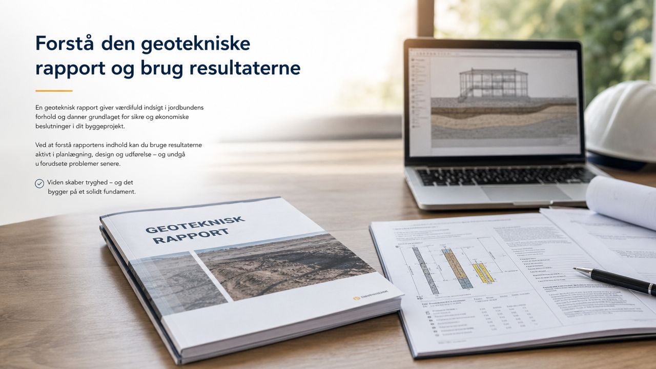 En geoteknisk rapport ligger på et skrivebord ved siden af en bærbar computer med tekniske byggetegninger.