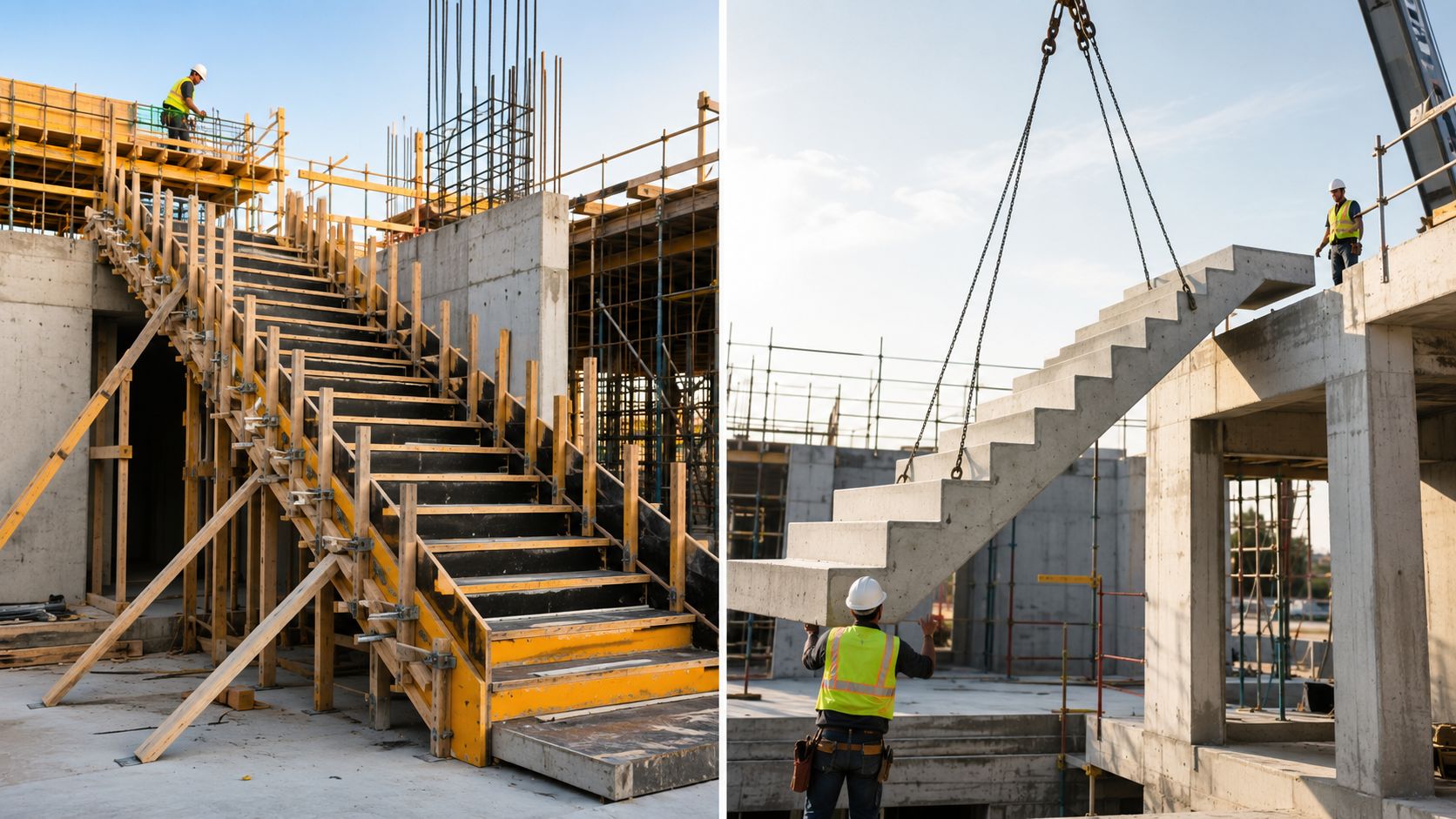 Byggeplads hvor arbejdere monterer en præfabrikeret betontrappe samt en trappe under støbning med træforskalling.