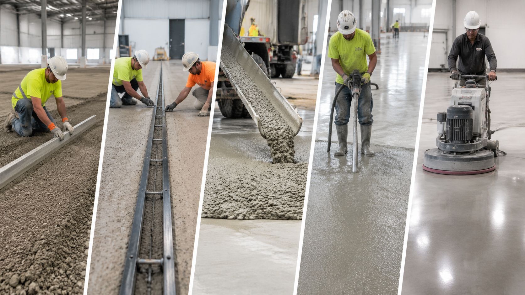 Arbejdere lægger professionelle industrigulve af beton ved hjælp af maskiner og værktøj i en stor hal.