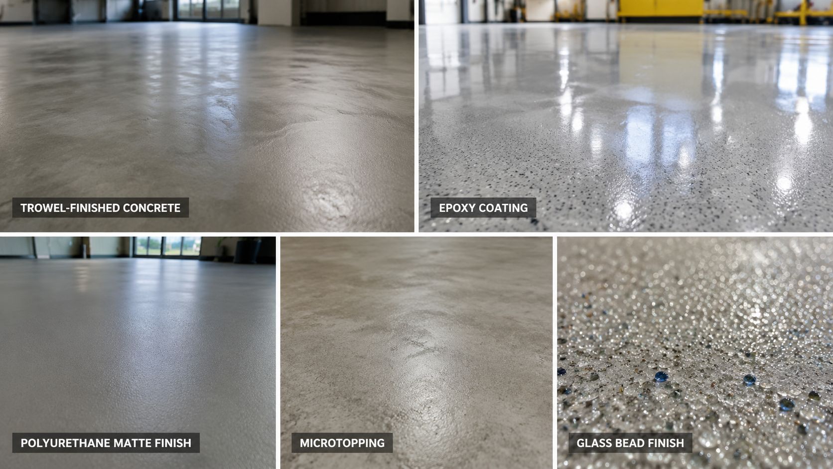 Fire forskellige typer af betonbelægninger til industrigulve, herunder epoxy, polyurethan, mikrolag og glasperlefinish vist i detaljer.