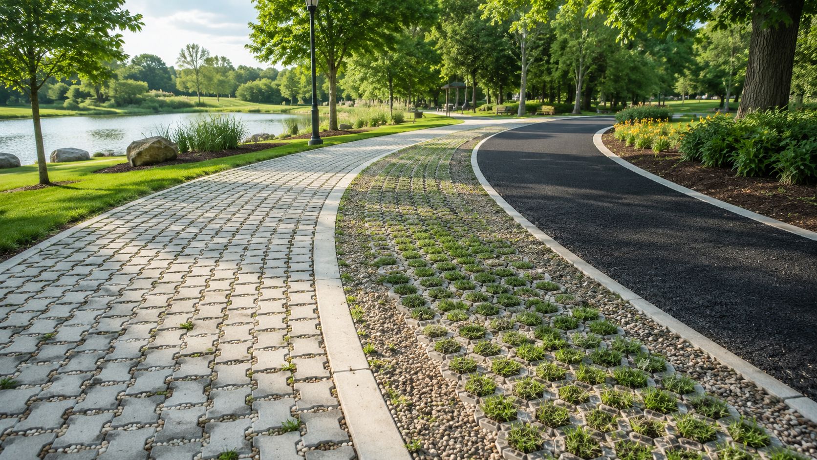 En smuk parksti med permeable belægninger, grønne græsområder, en sø og frodige træer i baggrunden.