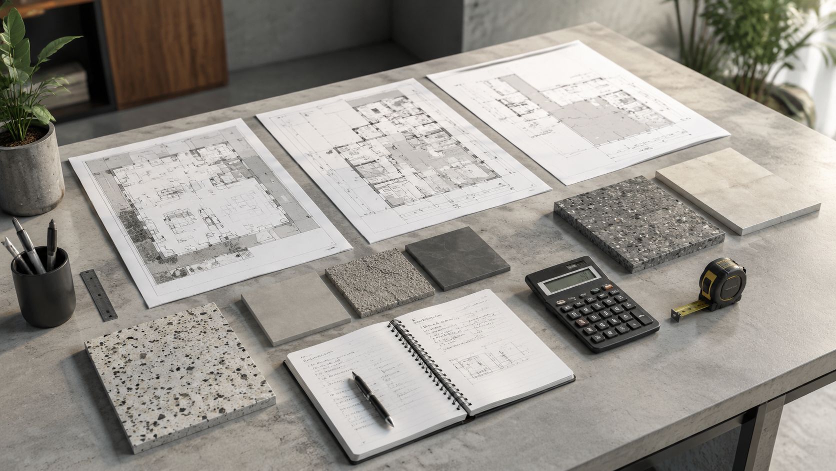 Et skrivebord med arkitekttegninger, materialeprøver af beton, en lommeregner og en notesbog til planlægning af byggeri.