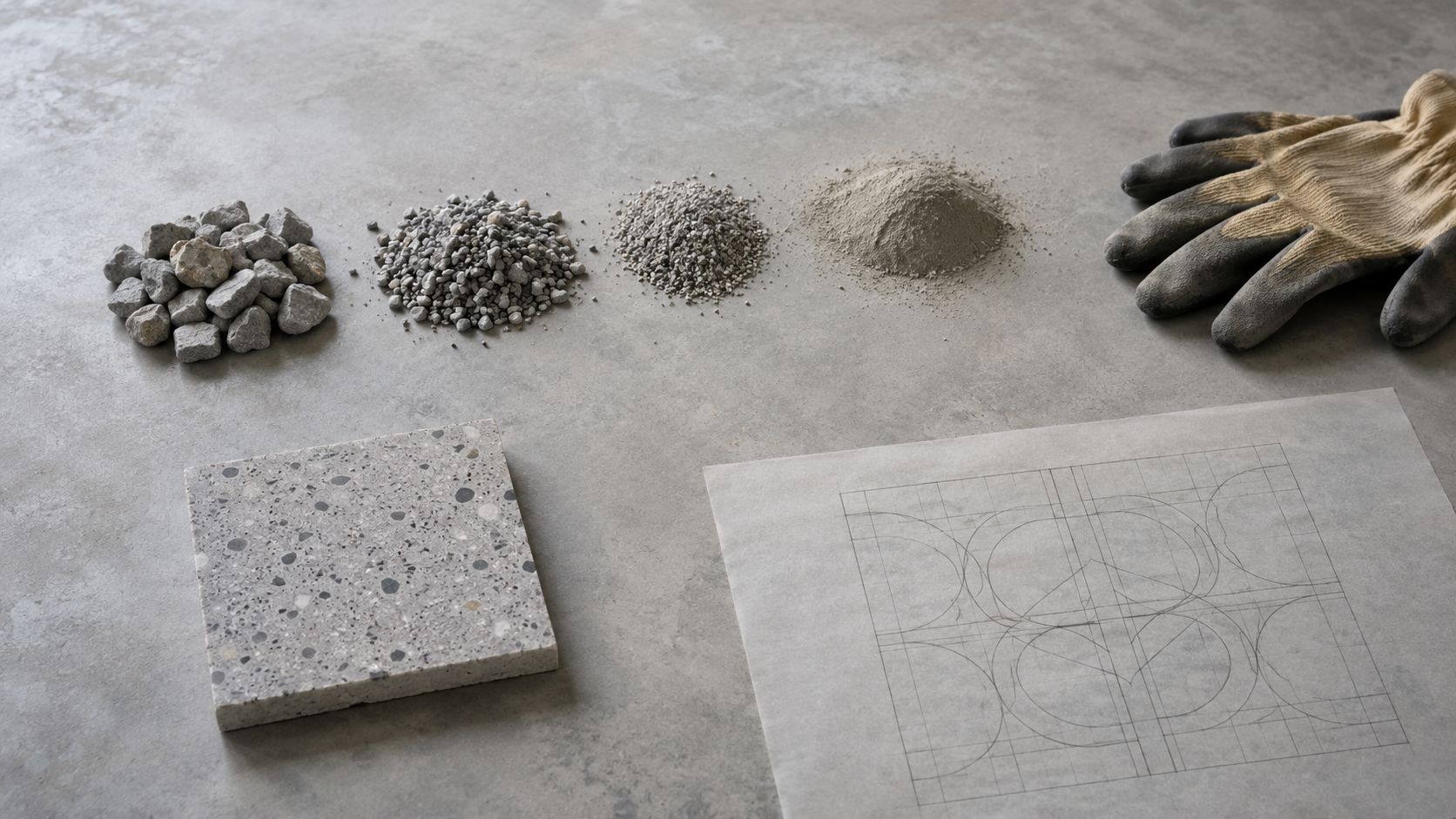 Materialer til betonstøbning inklusive sten, cement, en arbejdshandske og en arkitekttegning på et gråt bord.