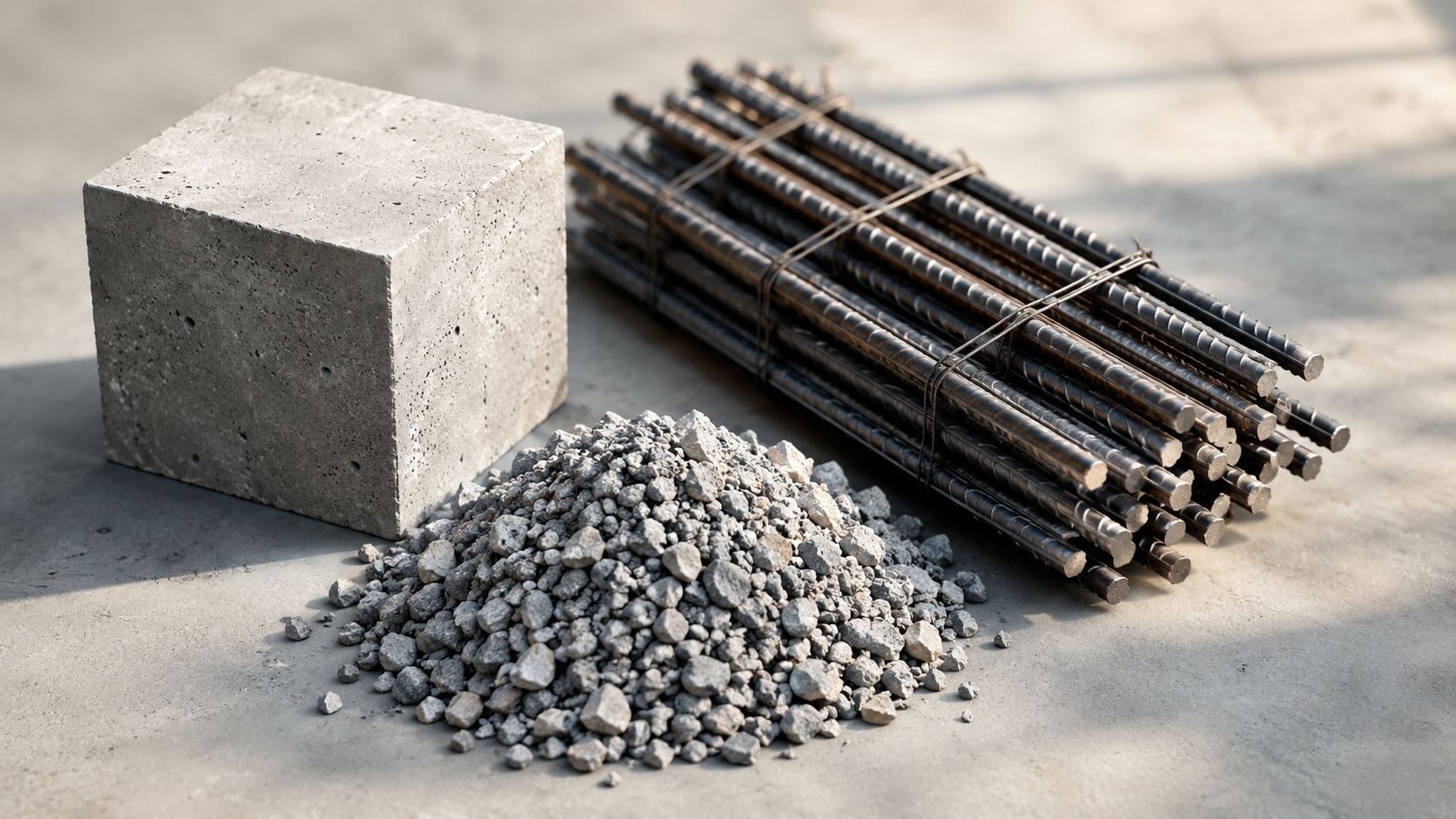 En betonblok, en bunke grus og en bundt armeringsjern til brug ved støbning af et fundament.