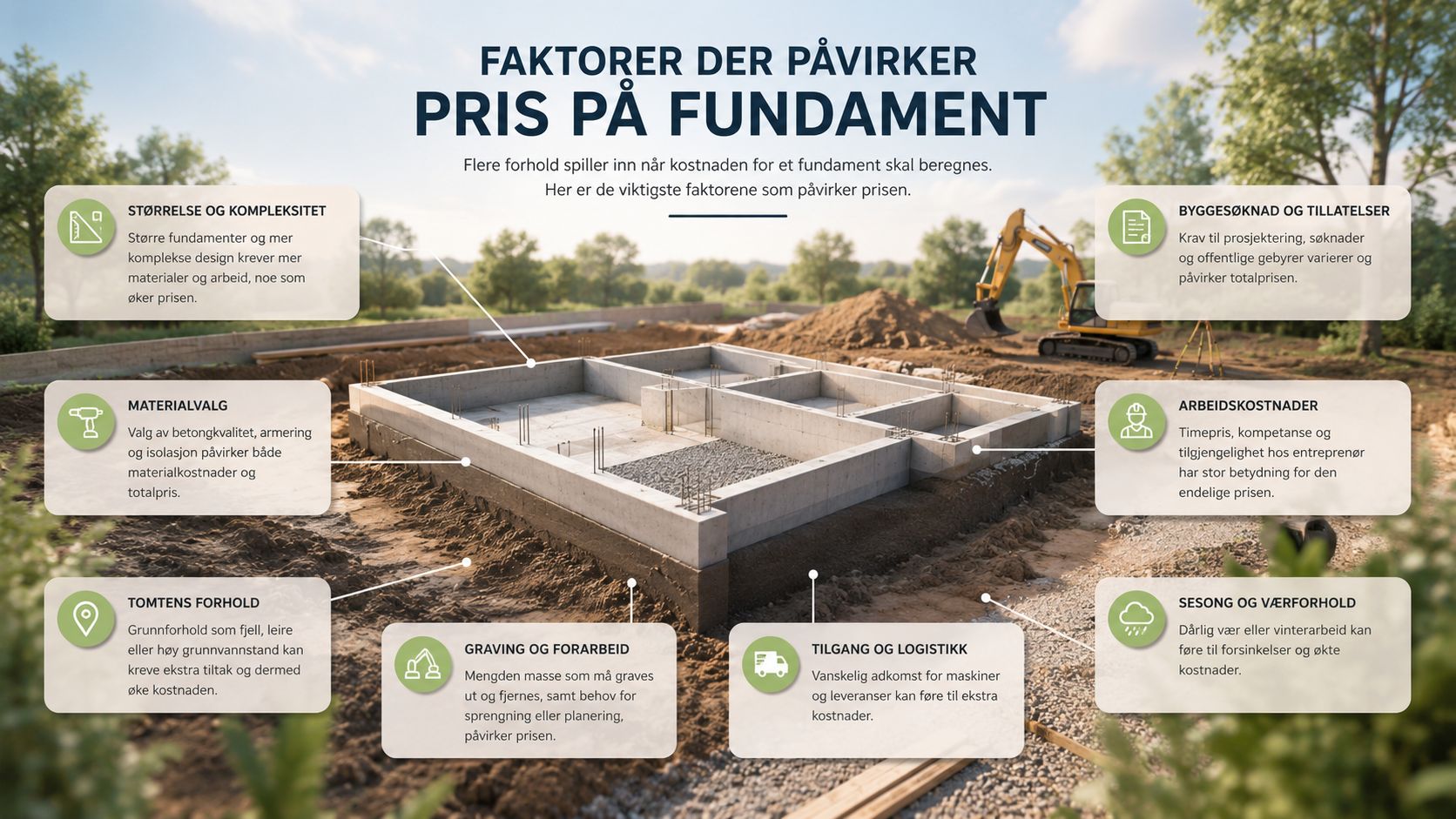 En infografik der illustrerer de forskellige faktorer der påvirker prisen på et fundament til et byggeprojekt.
