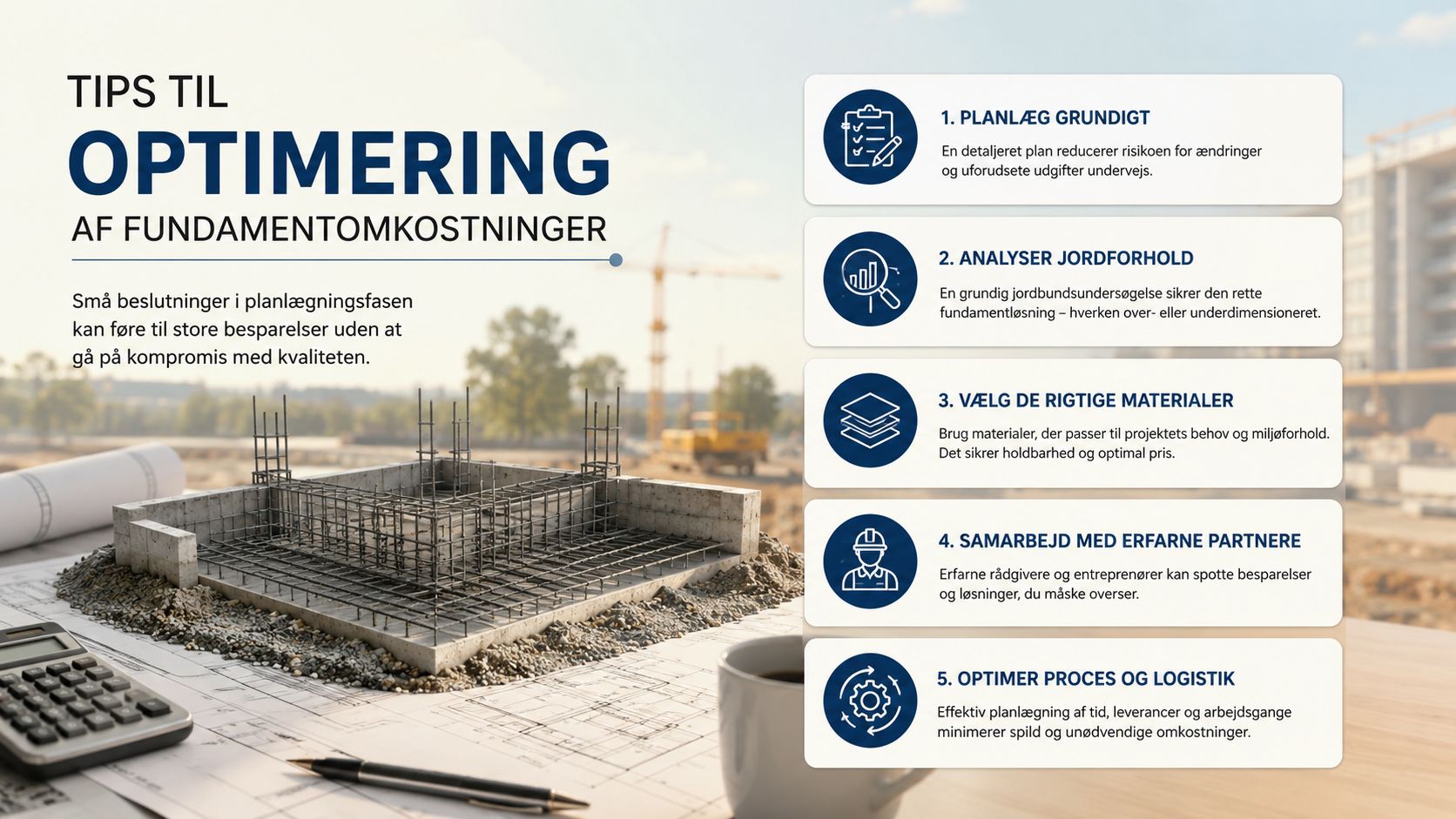 En infografik om optimering af fundamentomkostninger med fem vigtige råd til byggeprojekter og planlægning.