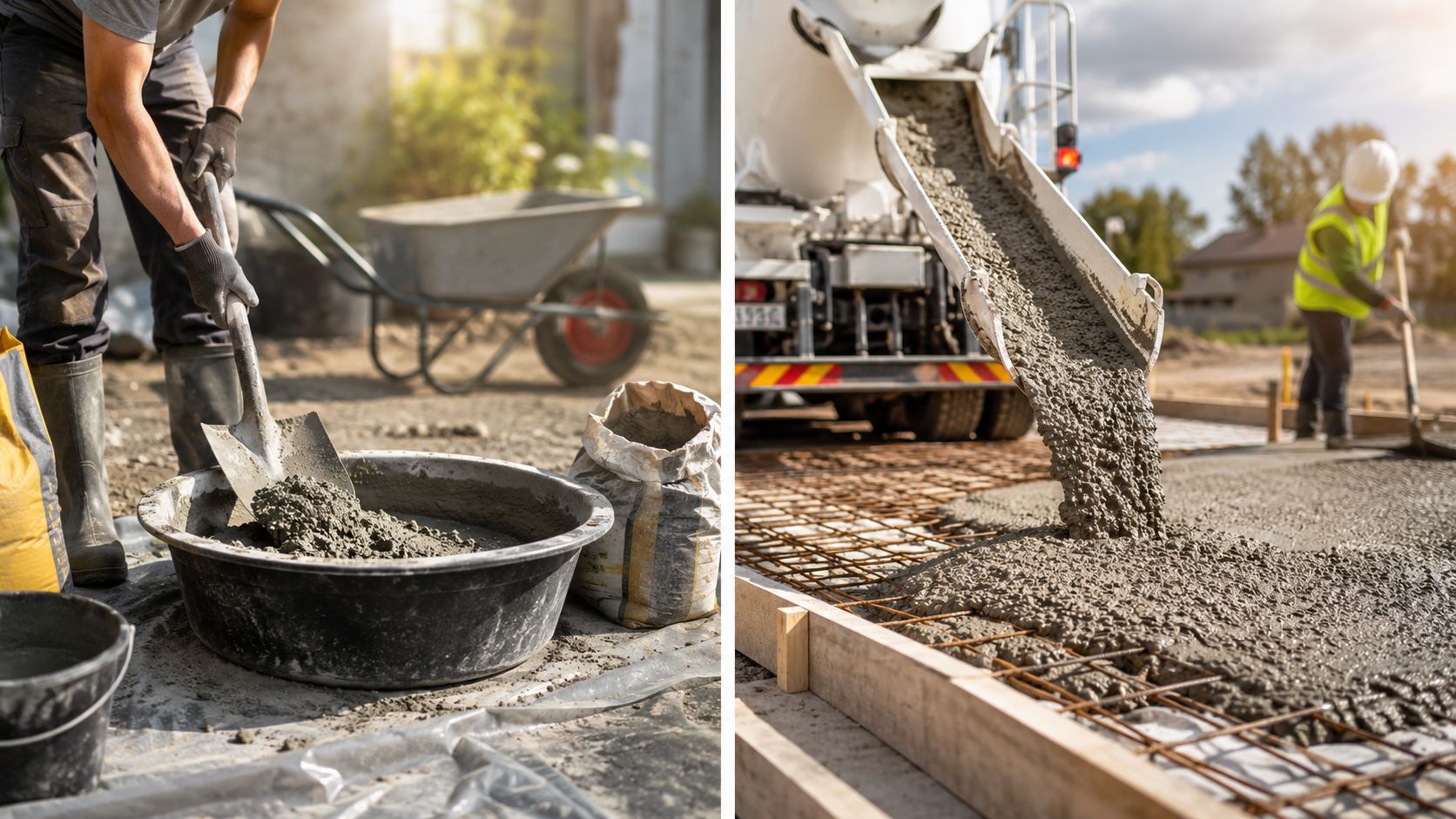 Arbejder der blander beton manuelt og betonbil der udlægger flydende beton til et nyt fundament på byggepladsen.