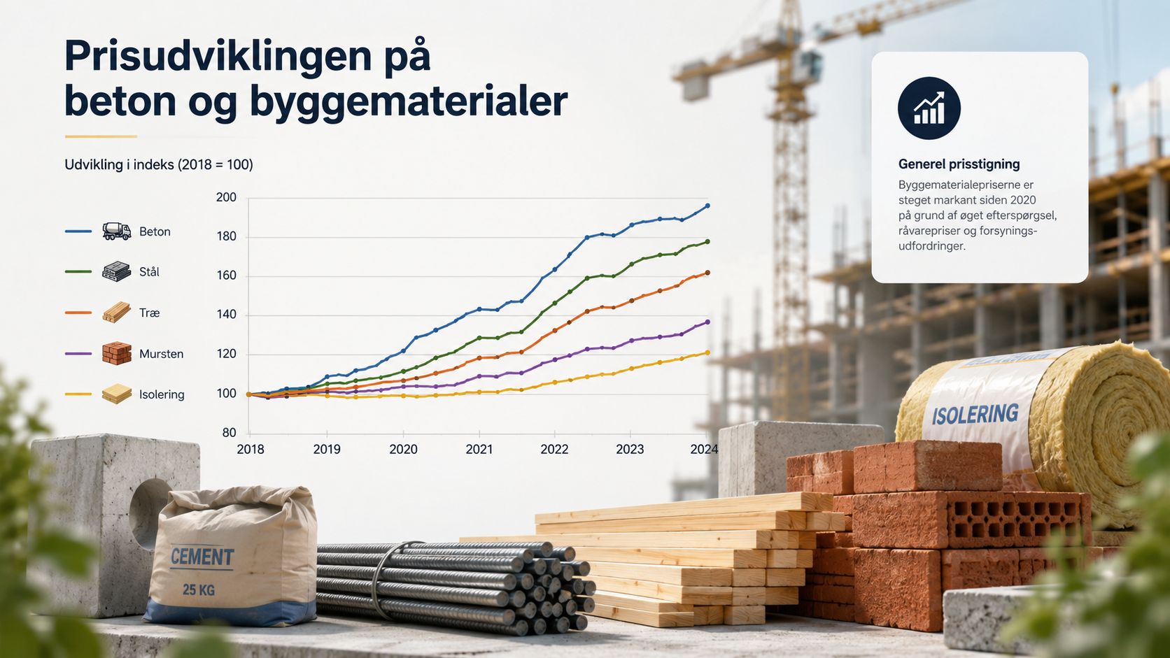 En graf der viser prisudviklingen på beton, stål, træ, mursten og isolering fra 2018 til 2024.