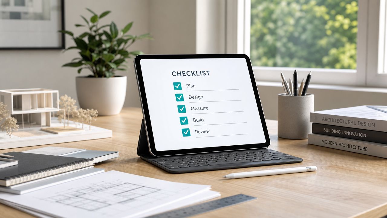 En tablet på et skrivebord viser en tjekliste over arkitektoniske trin i et professionelt kontormiljø.