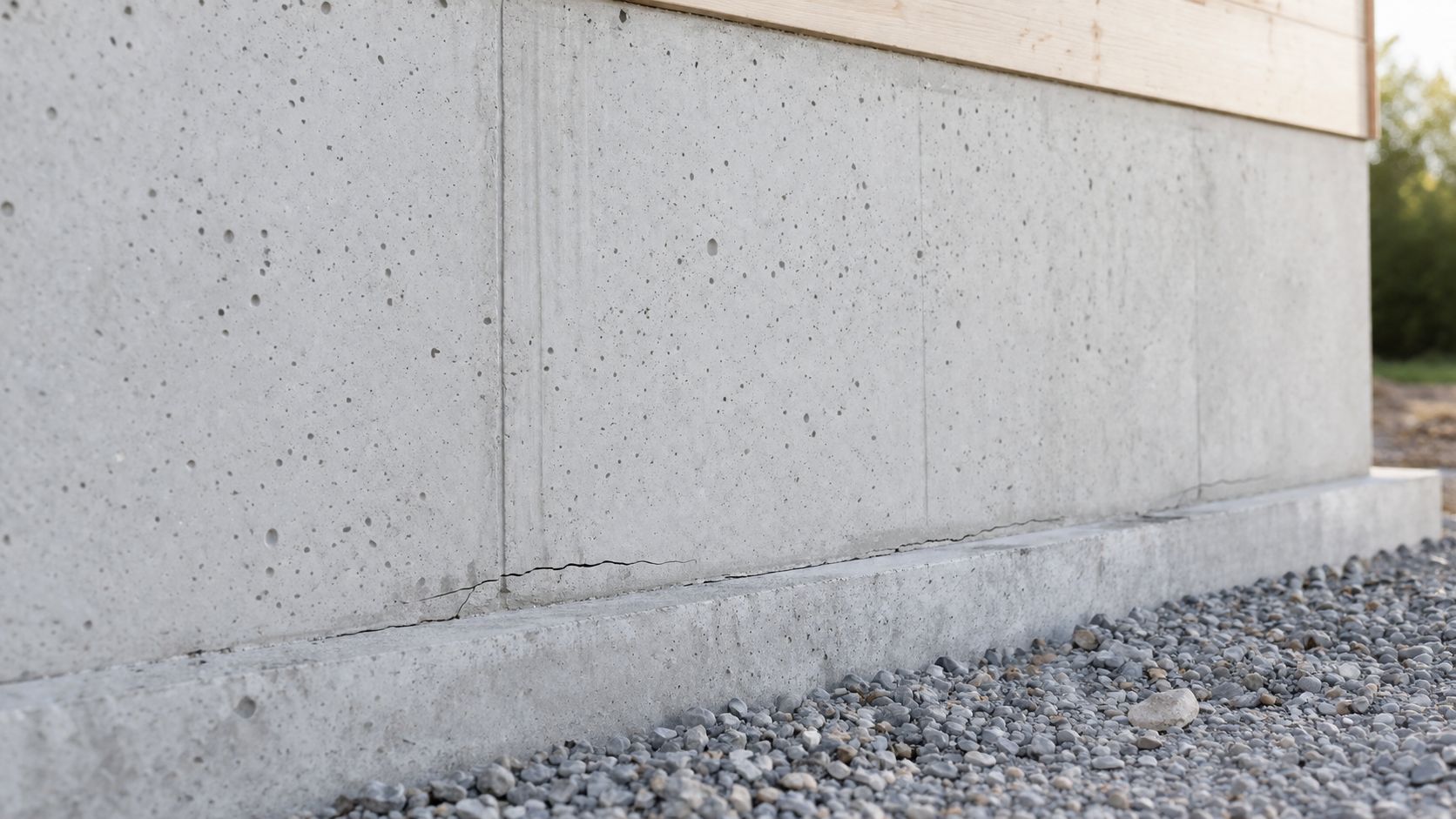 Nærbillede af et betonfundament med en synlig vandret revne i bunden nær fundamentets overflade.