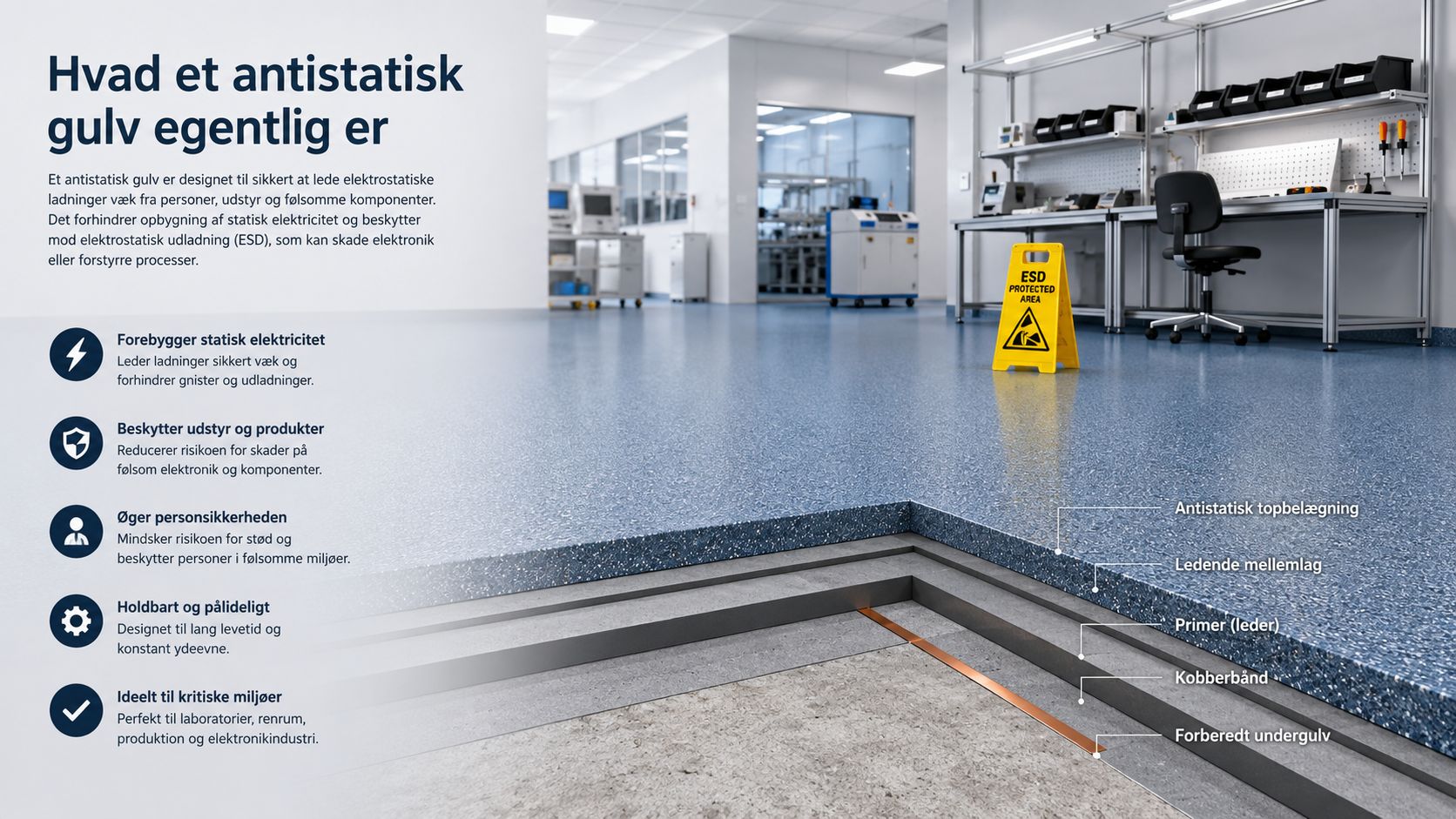 Tværsnit af et antistatisk gulv der viser de forskellige lag i en moderne laboratorie- eller produktionsbygning.