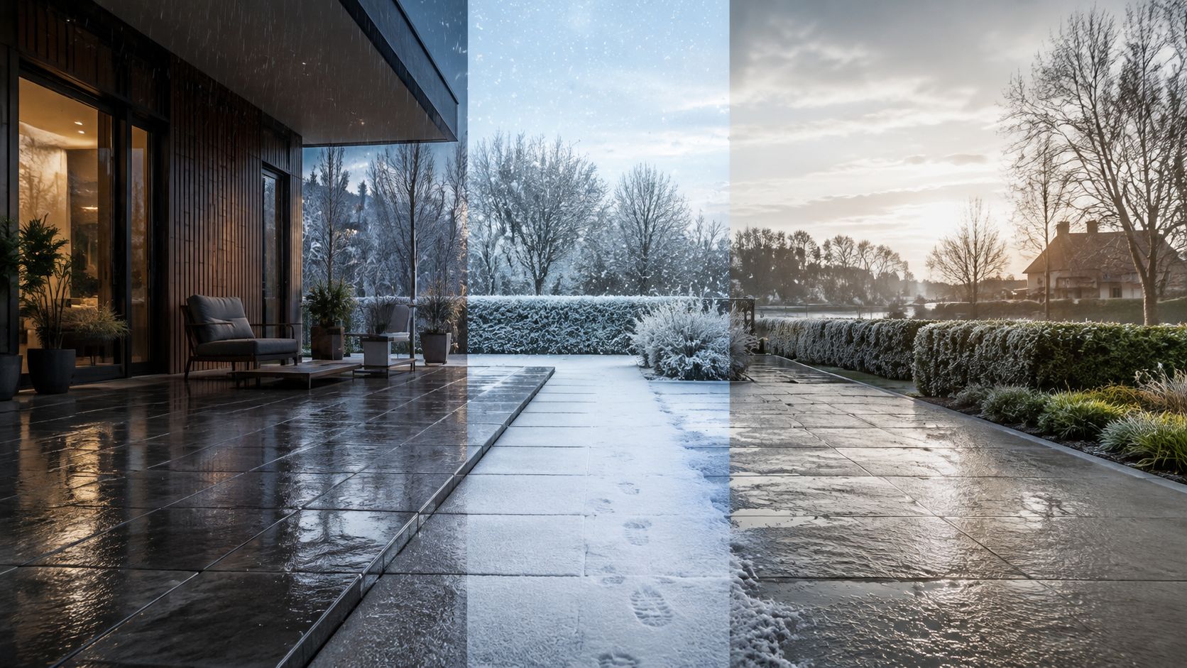 Moderne terrasse med sorte fliser der skifter mellem regnvejr, sne og solskin i en flot have