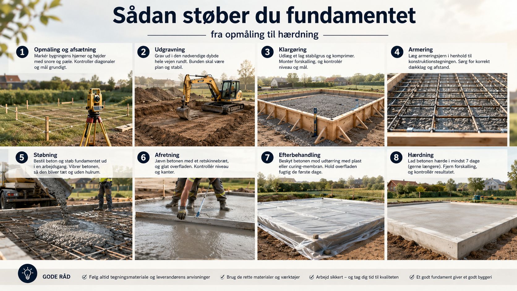 En guide i otte trin der viser processen for støbning af fundament til et byggeprojekt.