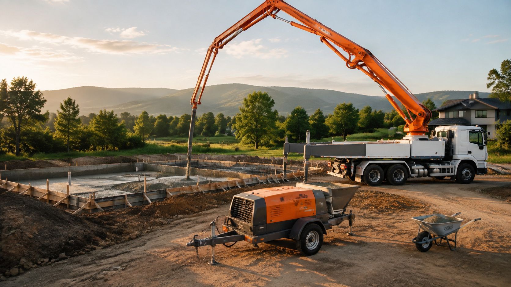 En betonpumpebil hælder beton i et støbeform-fundament på en solrig byggeplads med bjerge i baggrunden.