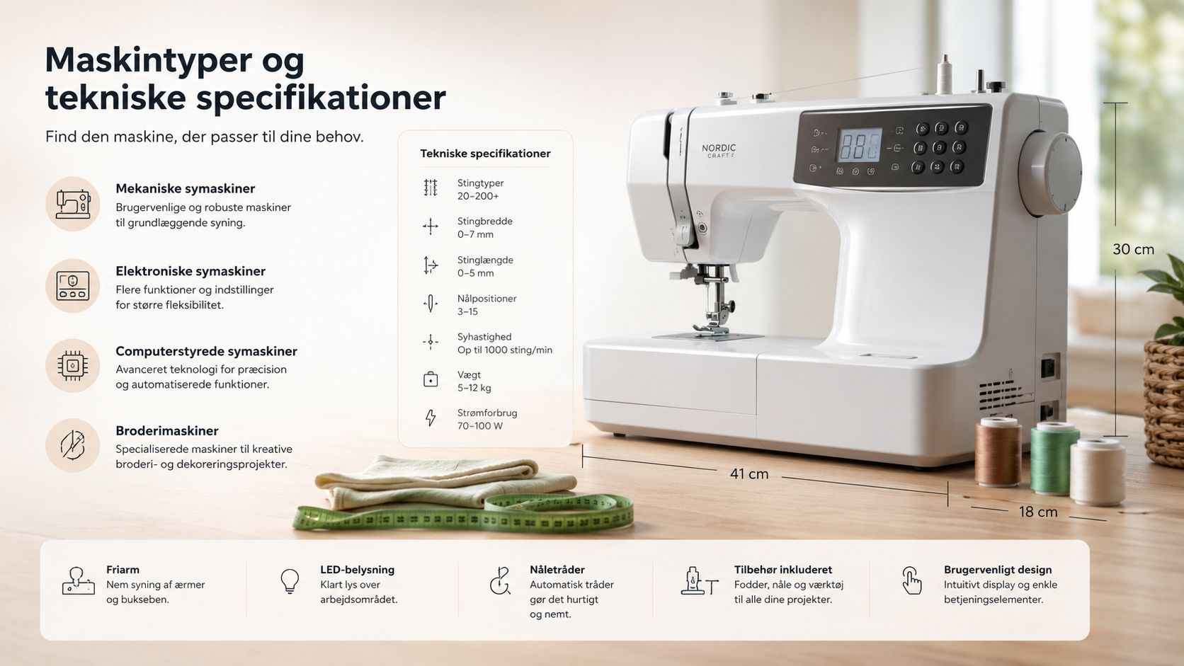 En hvid elektronisk symaskine med tekniske specifikationer og funktioner vist på en træbordplade til syprojekter.
