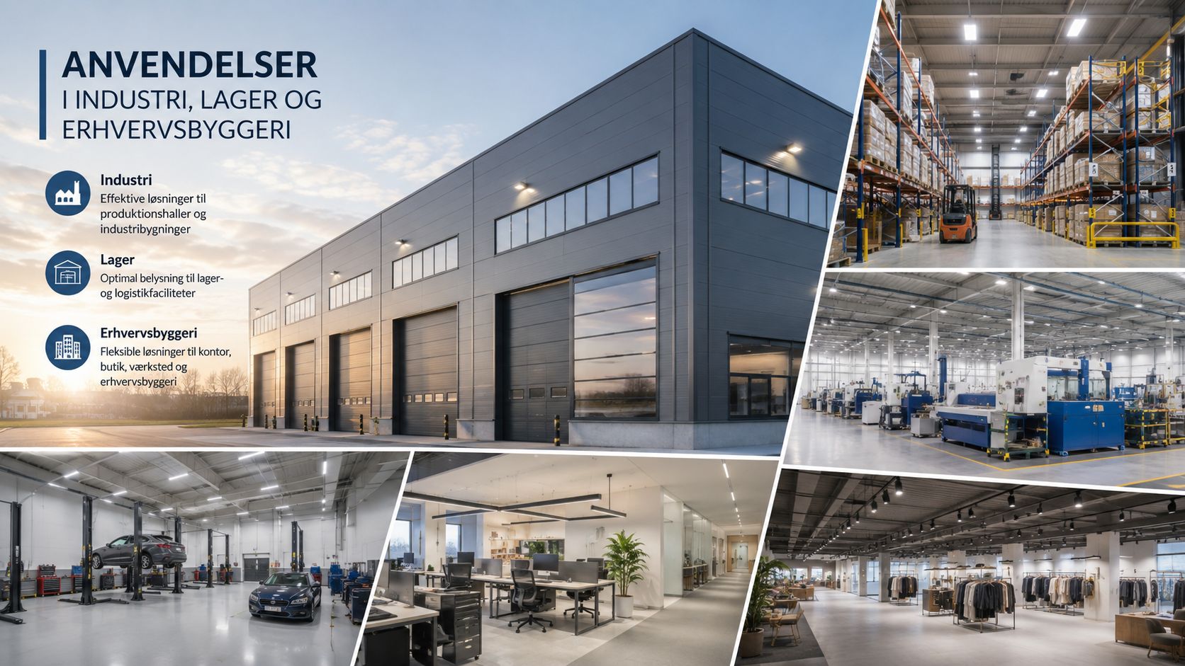 Eksempler på forskellige typer industrielle og erhvervsmæssige bygninger, der anvender moderne belysningsløsninger til lager og produktion.