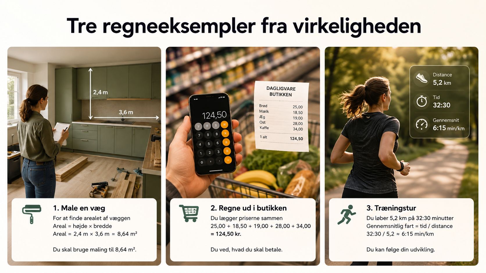 En infografik der viser tre eksempler på hverdagssituationer hvor matematik anvendes til praktiske beregninger.