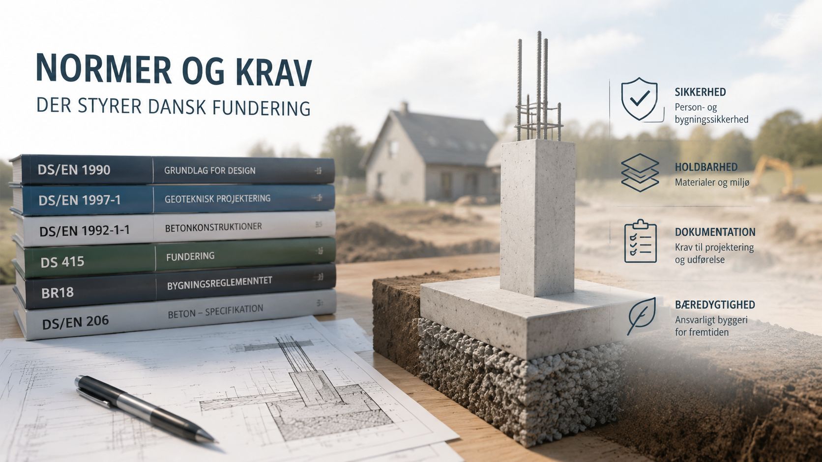 Illustration af danske normer og krav for fundament med en teknisk tegning og fysisk betonfundament på en byggeplads.