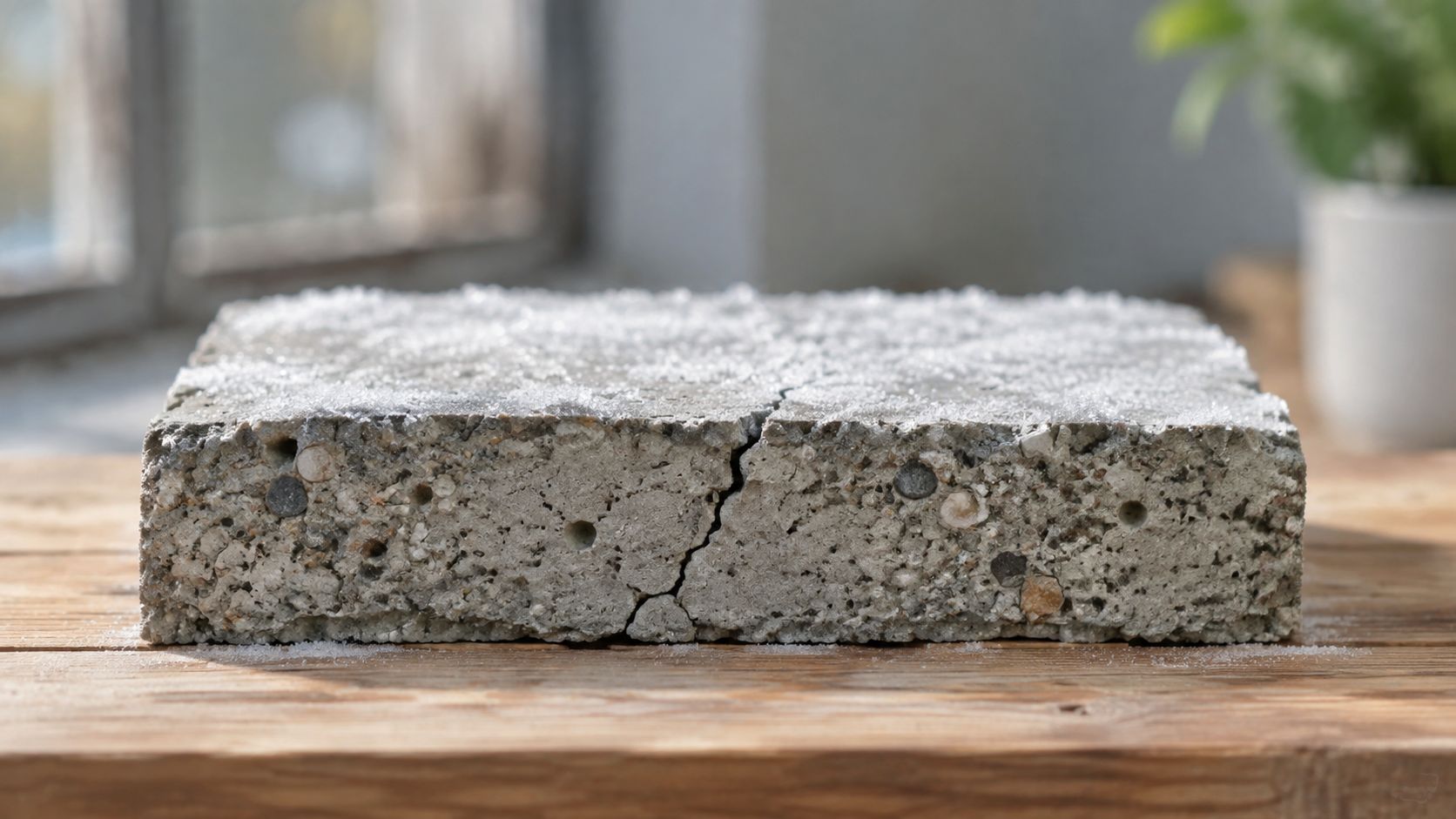 En firkantet blok af beton med revner og et tyndt lag frost på en træoverflade.