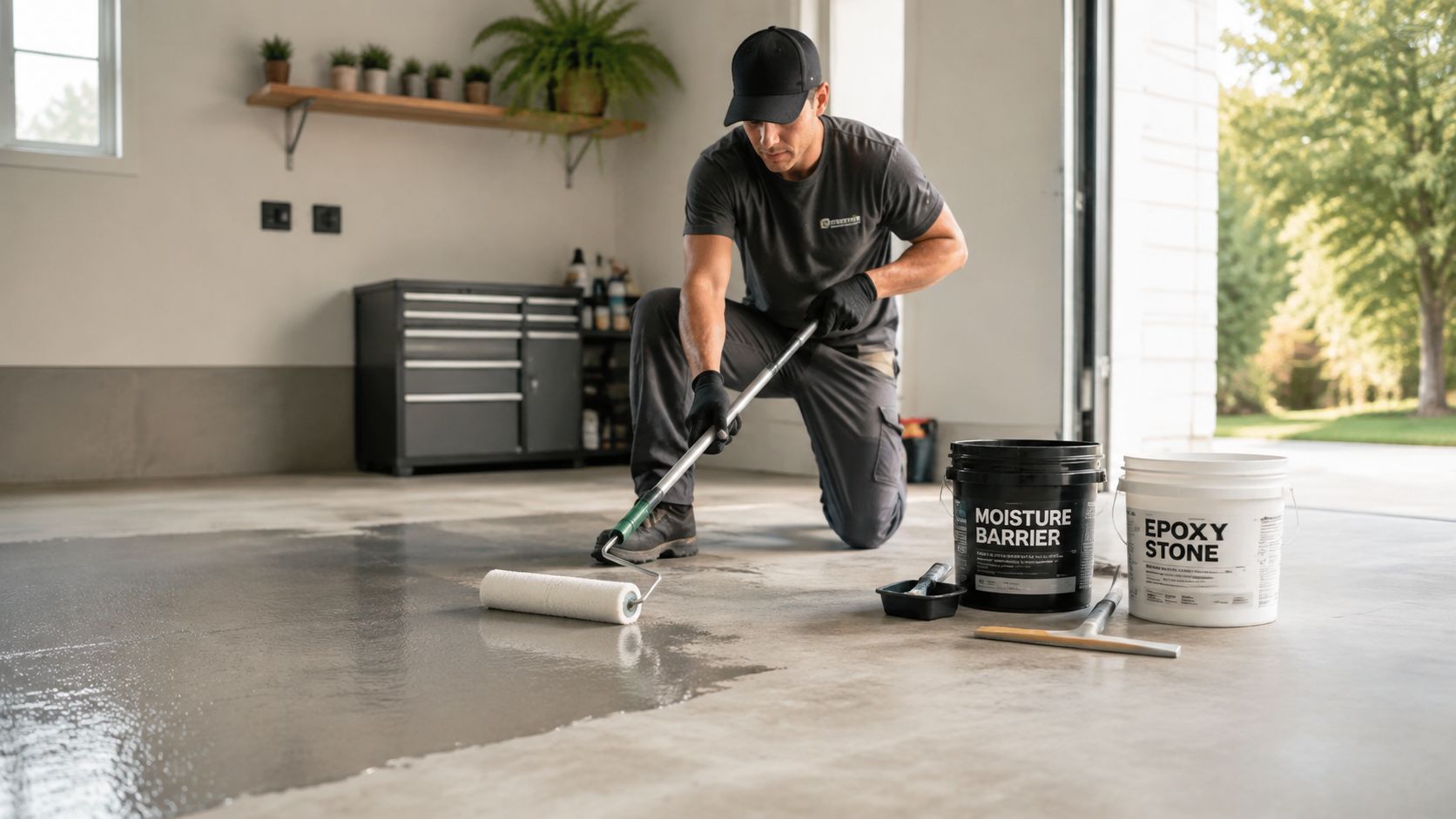 En professionel håndværker påfører en epoxybehandling med en malerrulle på et betonstøbt gulv i en garage.