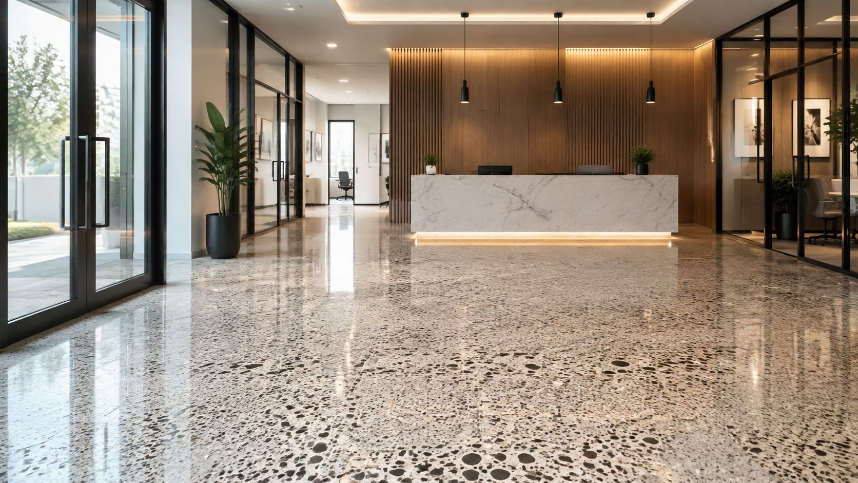 Moderne kontorindgang med poleret epoxygulv fyldt med sten, en marmorreception og elegante sorte glaspartier i lyst rum.