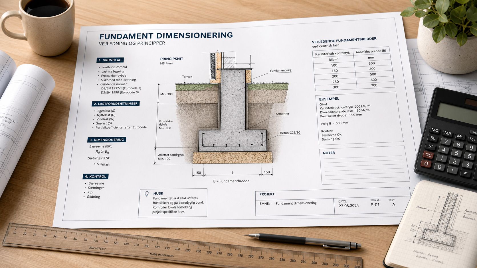 Teknisk tegning af fundament dimensionering med tværsnit, dimensioner og vejledende tabel for byggeprojekter på et skrivebord.