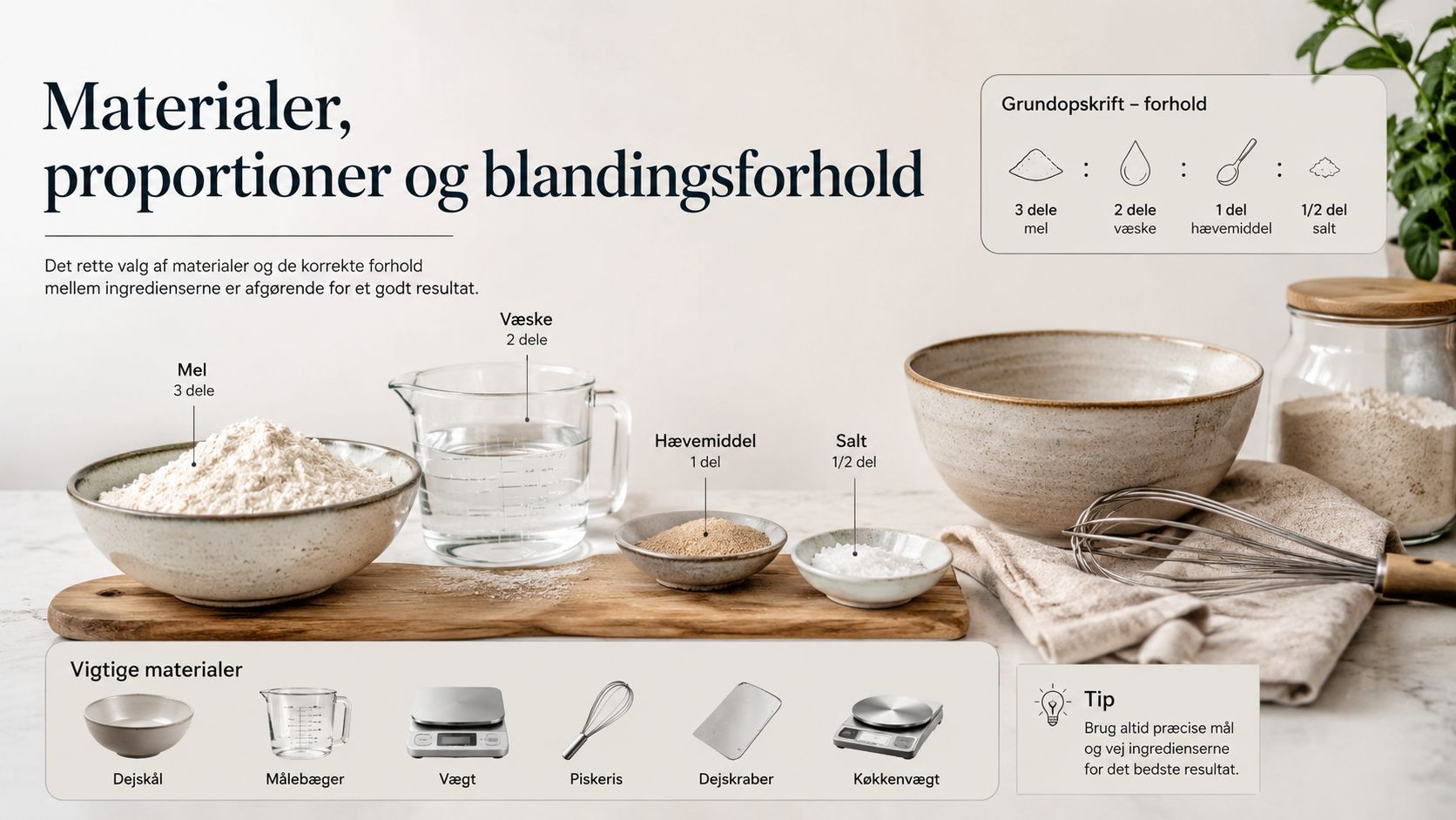 En infografik der viser de nødvendige ingredienser og forhold til en grundopskrift samt vigtige køkkenredskaber til bagning.