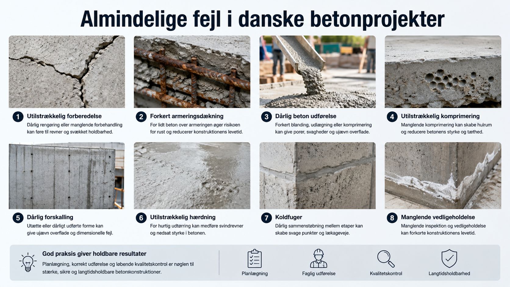 En infografik der viser otte almindelige fejl i danske betonprojekter og vigtigheden af god byggepraksis.