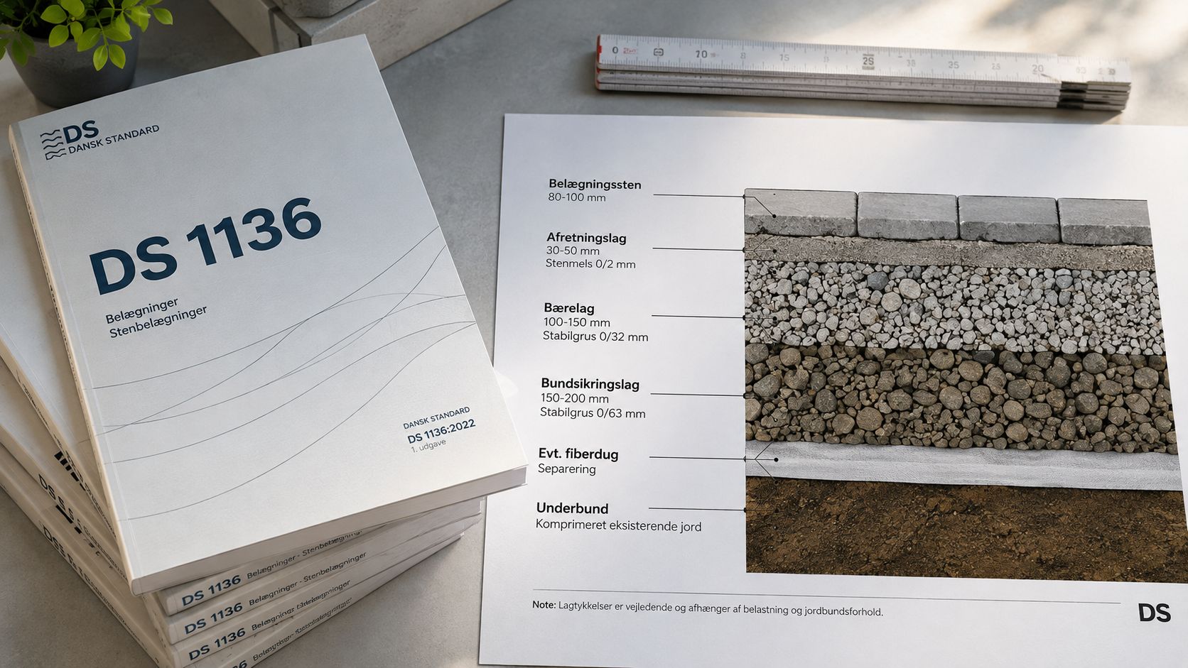 Illustration af lagopbygning til flisebelægning med DS 1136 standardbeskrivelse og målangivelser for forskellige underlag.