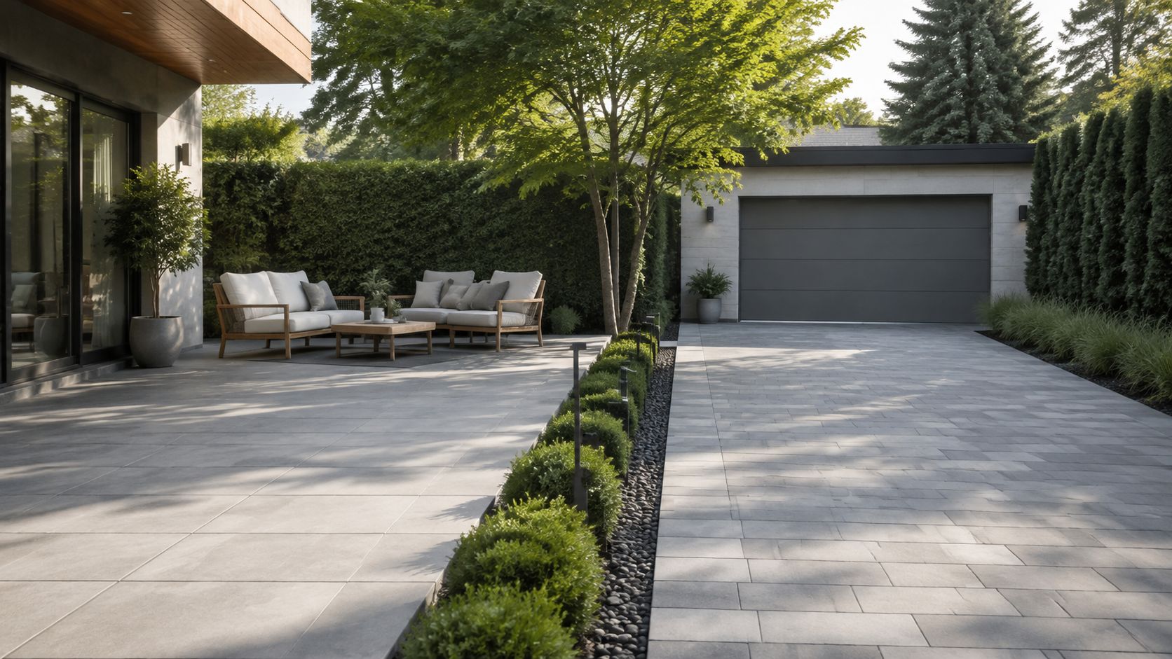Moderne terrasse med fliser, stilfulde loungemøbler, velplejede buske og en garage i en smuk have.