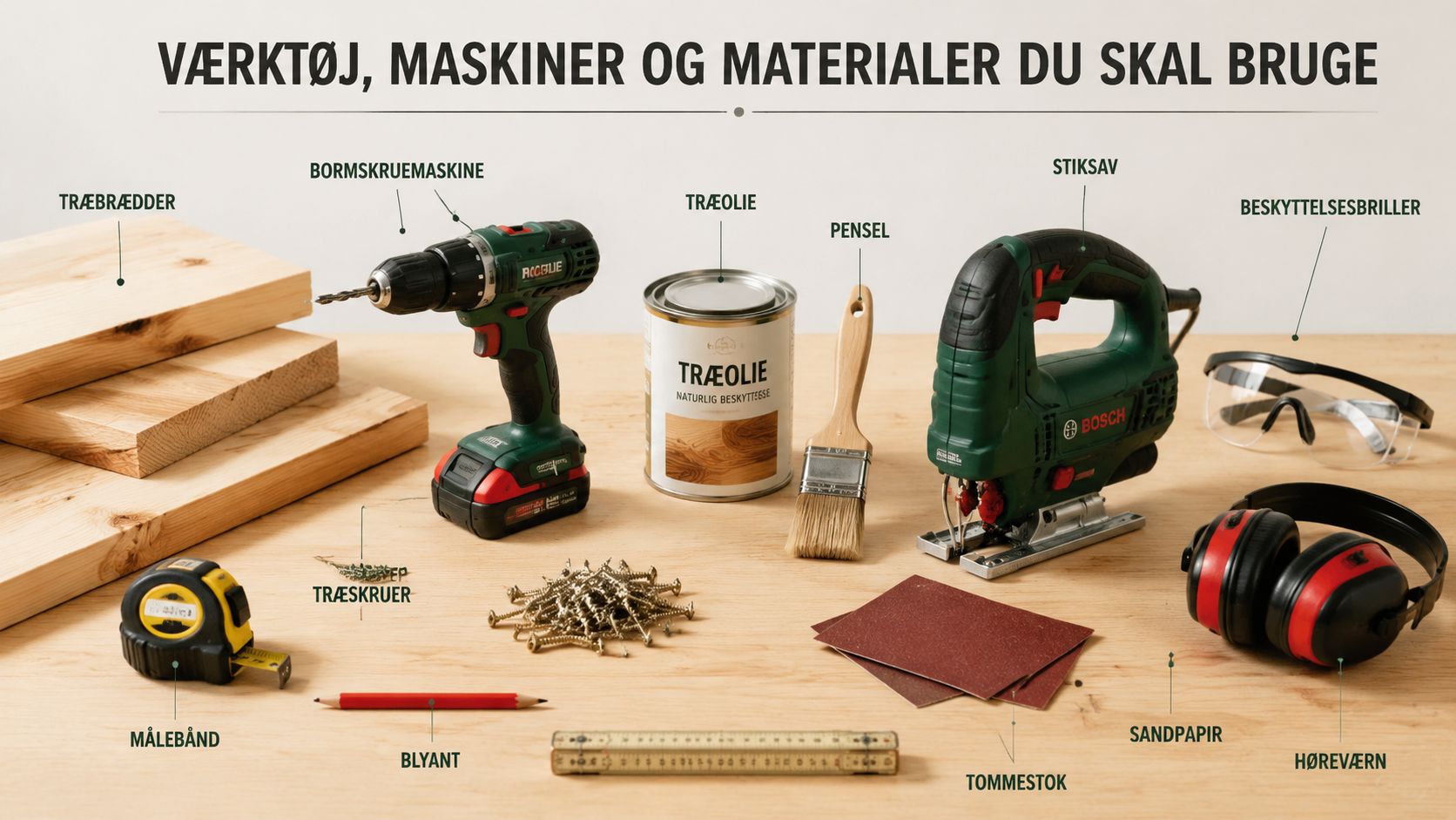 Et overblik over værktøj, træ og materialer til et gør-det-selv træprojekt på en lys træoverflade.