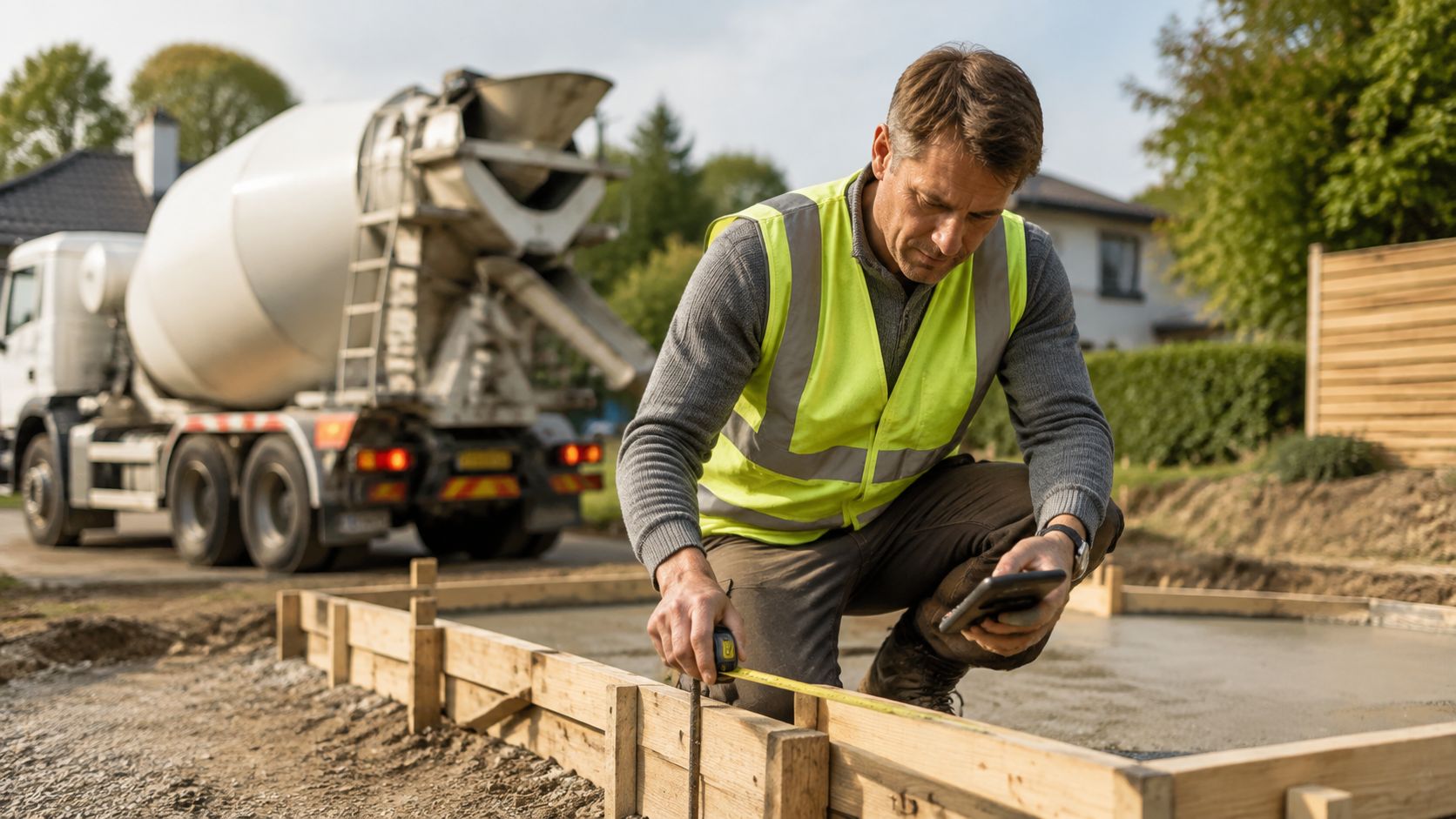 En byggeleder i gul refleksvest måler støbeform til betonfundament, mens en betonbil holder i baggrunden.