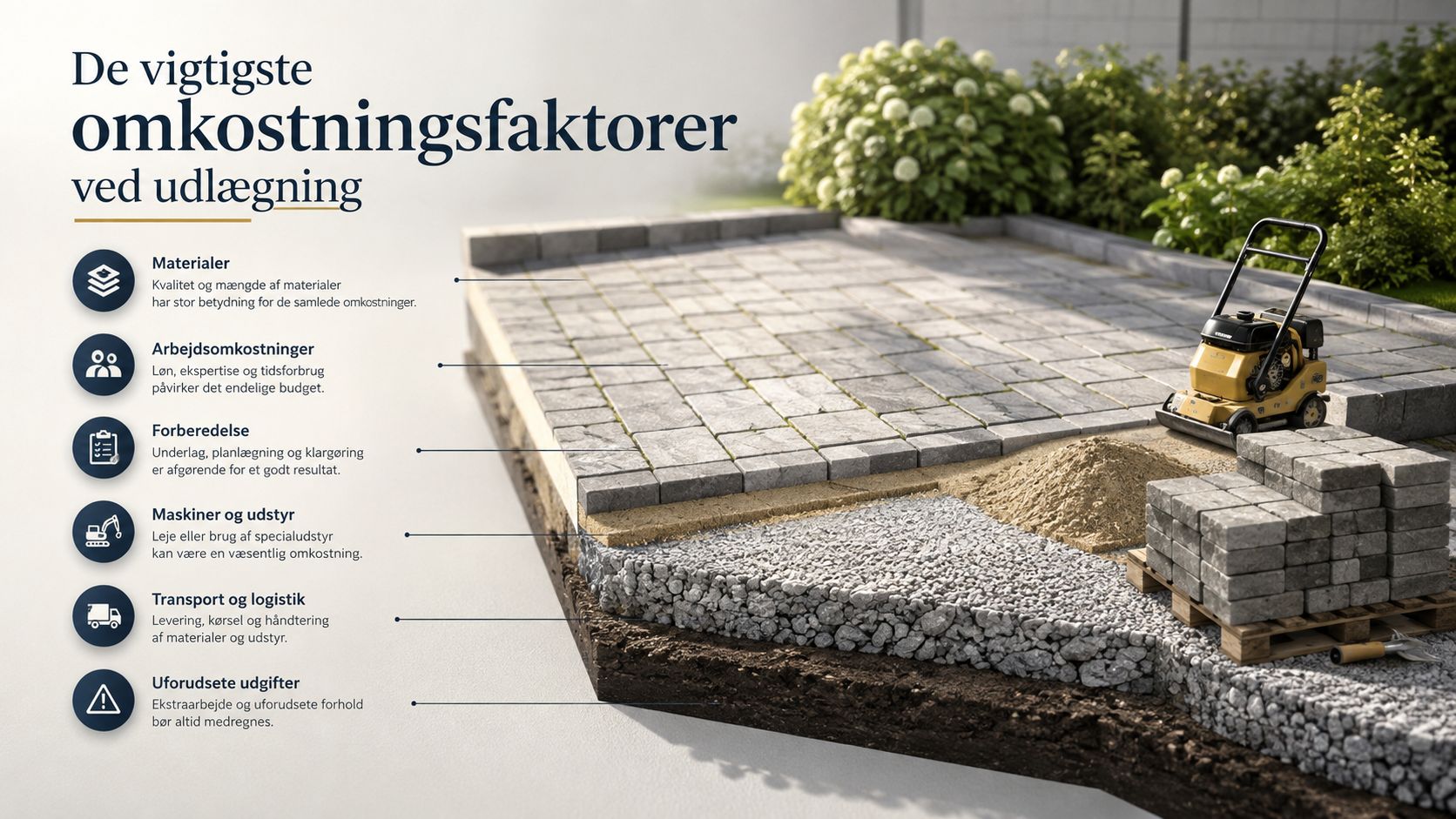 En infografik der viser de vigtigste omkostningsfaktorer ved udlægning af fliser eller belægning i en have.