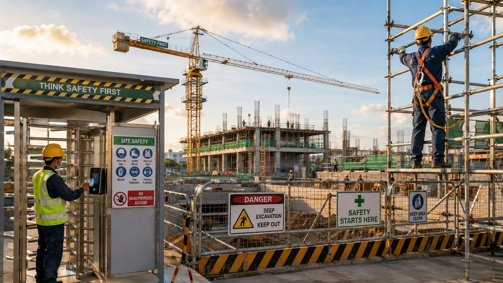 Byggeplads med sikkerhedsforanstaltninger, advarselsskilte, arbejdere med hjelme og korrekt sikkerhedsudstyr ved indgangen og stilladserne.