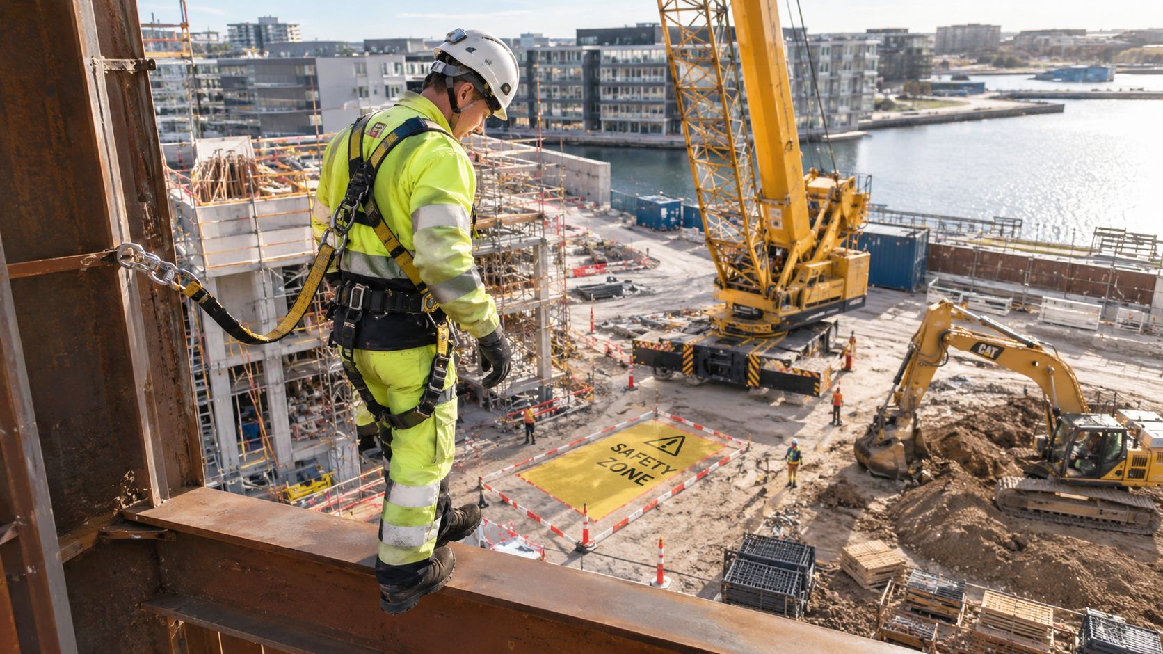 En bygningsarbejder iført sikkerhedsudstyr, der går på en stålkonstruktion med en tydeligt markeret sikkerhedszone nedenunder.