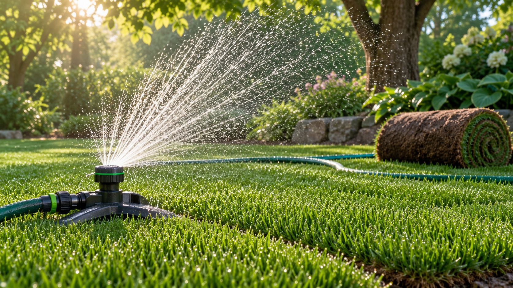 En havesprinkler vander græsplænen i et solrigt havemiljø ved siden af en frisk rullegræsrulle i skyggen.