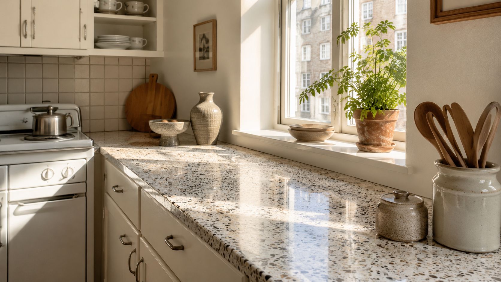 Et lyst køkken med en terrazzo bordplade, en urtepotte i vindueskarmen og køkkenredskaber i en krukke.