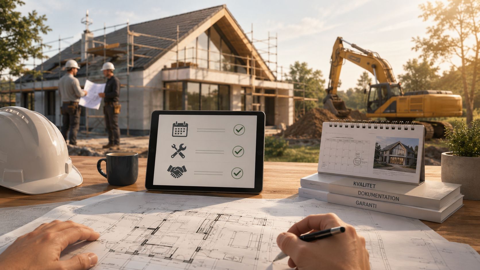 En arkitekt eller byggeleder inspicerer byggeplaner på en tablet og papirtegninger foran et igangværende husbyggeri.