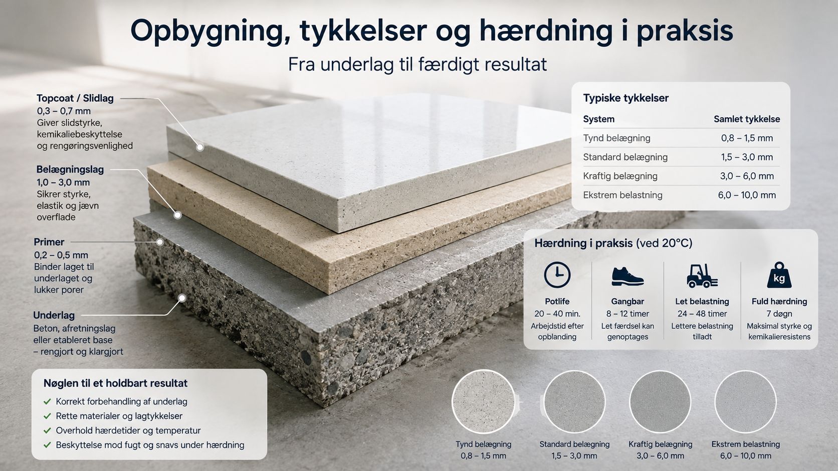 Illustration af lagopbygning på betongulv med tykkelser, hærdetider og tekniske specifikationer for holdbare gulvbelægninger.
