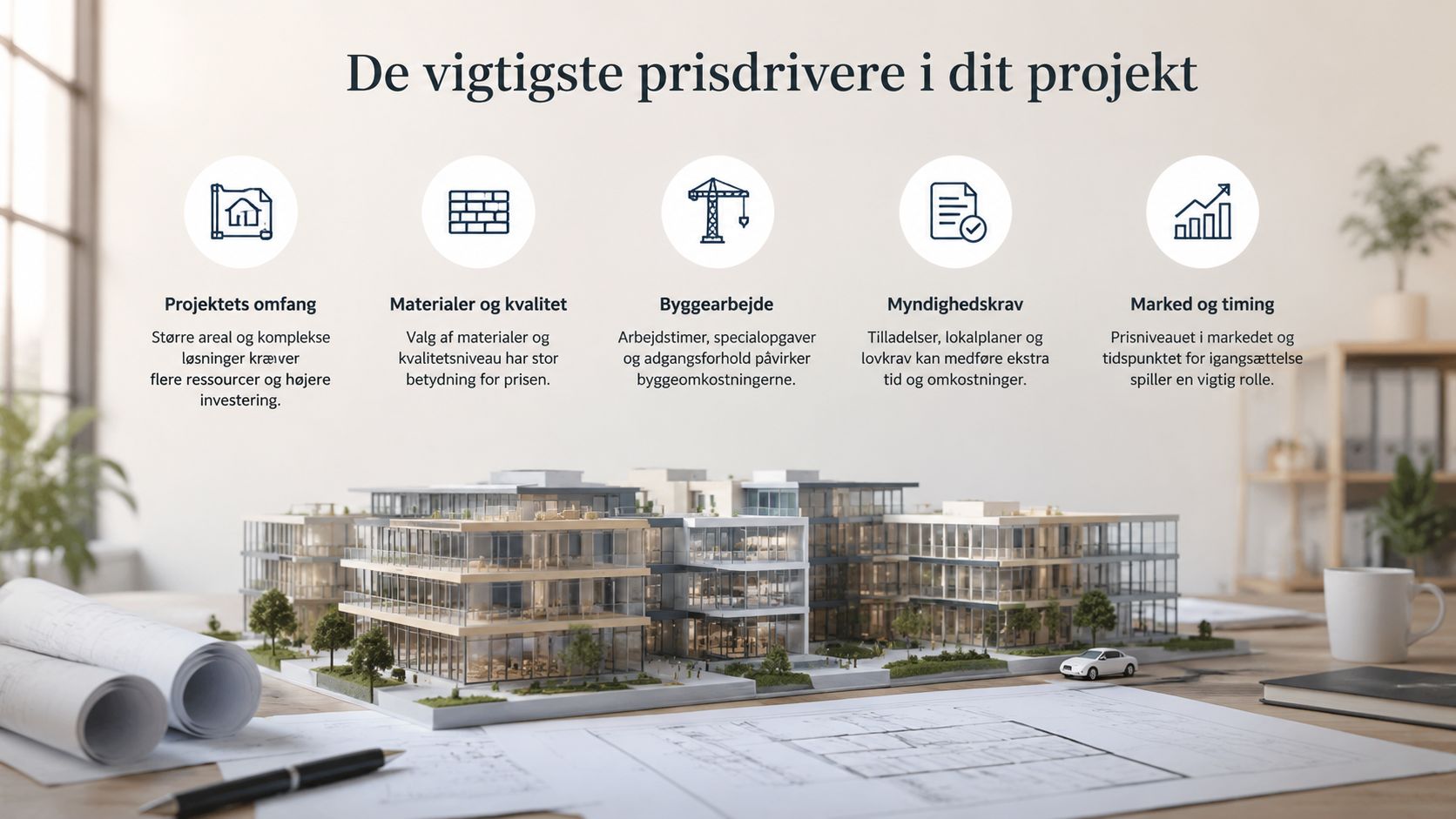 En infografik der viser de fem vigtigste faktorer der påvirker prisen på et byggeprojekt og konstruktion.