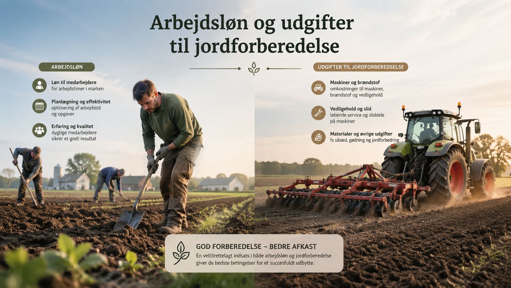 En infografik der viser sammenhængen mellem arbejdsløn og udgifter til jordforberedelse ved landbrugsarbejde med mennesker og traktorer.