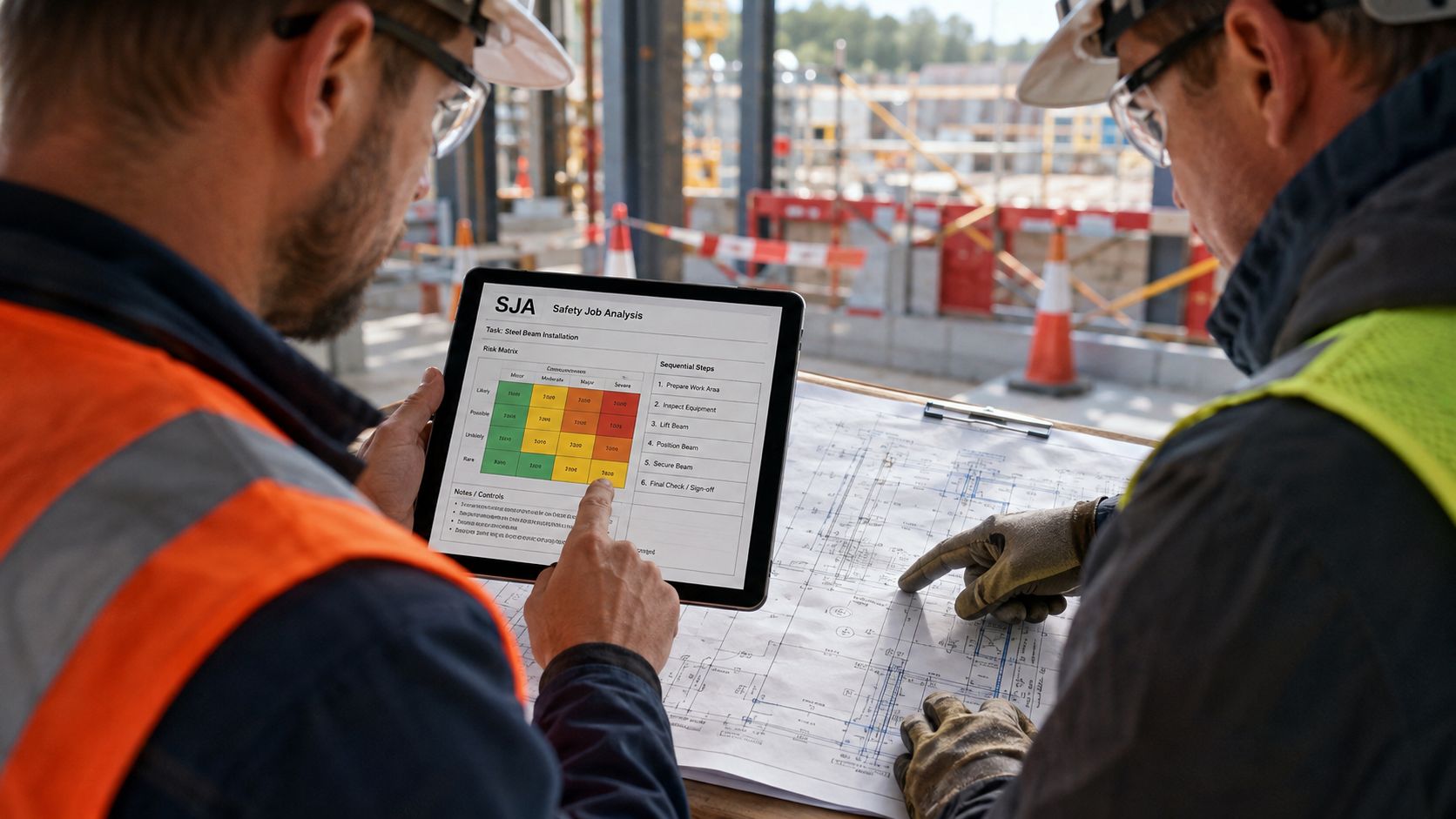 To byggearbejdere i sikkerhedsudstyr gennemgår en sikkerhedsanalyse og tekniske tegninger på en tablet på en byggeplads.
