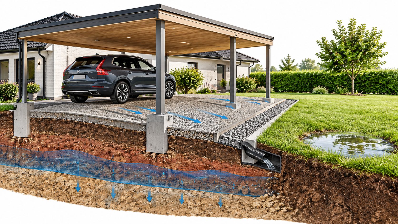 Tværsnit af et carportfundament med dræningssystem, der leder regnvand væk fra den stenede parkeringsplads ned i jorden.