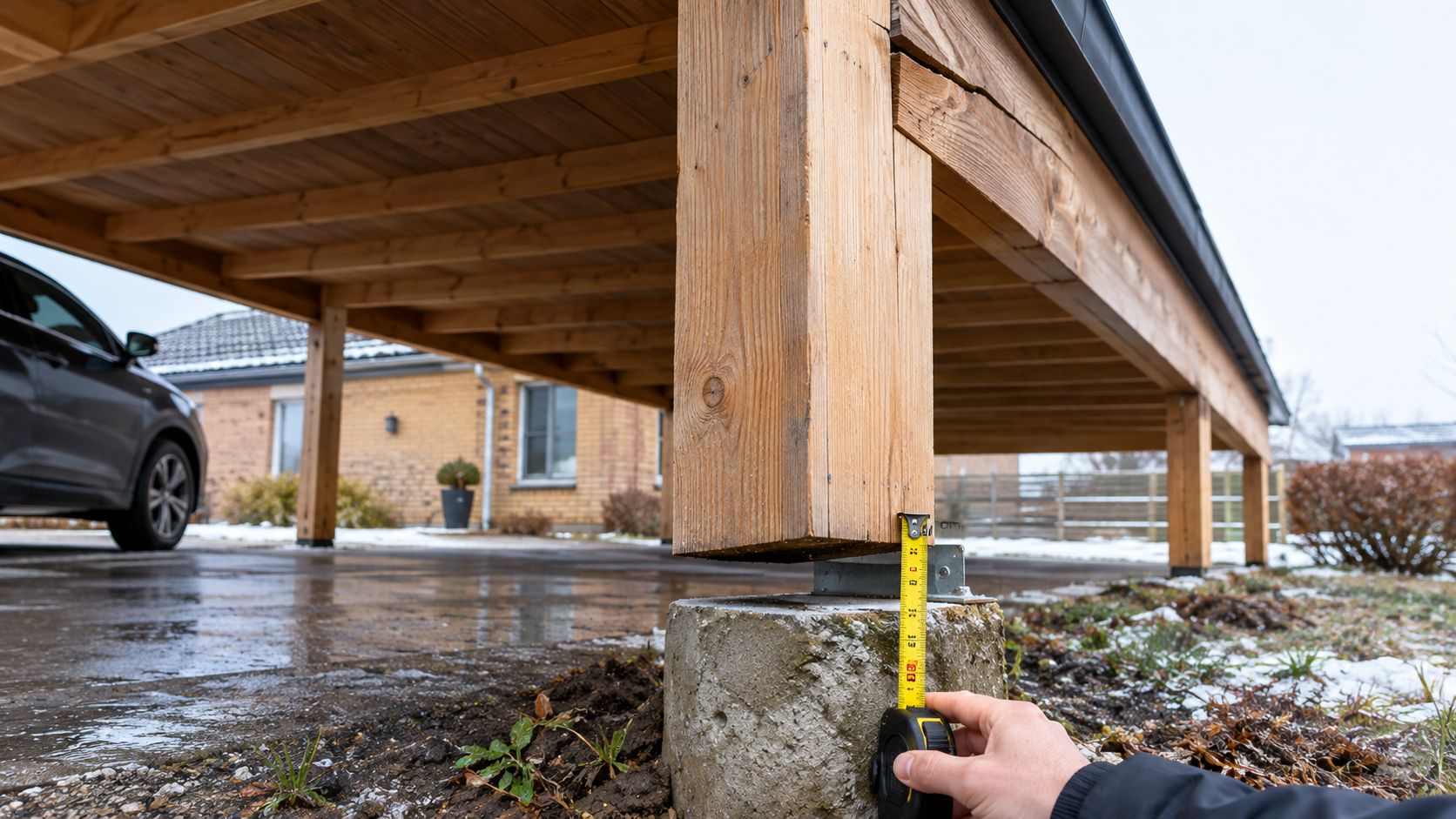 En person måler afstanden mellem en betonfundament og en træstolpe til en carport med et målebånd.