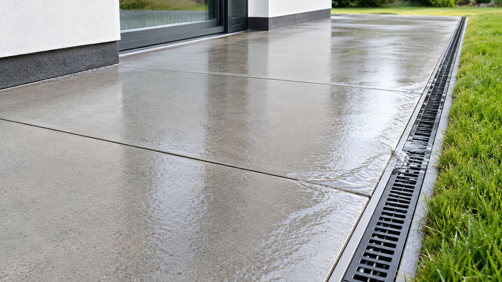 En våd betonterrasse med et moderne dræningssystem, der leder regnvand væk fra husets facade og græsplænen.