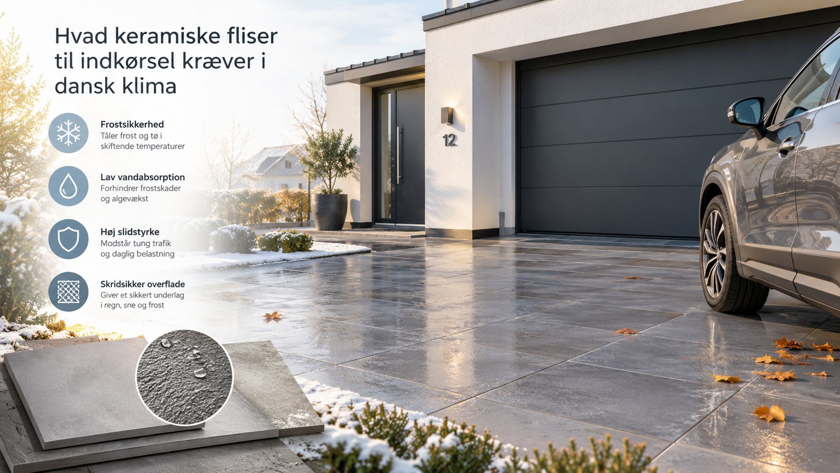Moderne indkørsel med keramiske fliser foran et hus, der illustrerer vigtigheden af frostsikre og slidstærke materialer.