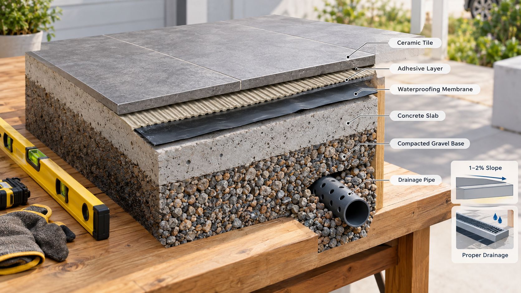 Et tværsnitsbillede af en professionel terrasseopbygning med keramiske fliser, betonunderlag, drænrør og korrekt lagdeling for optimal holdbarhed.