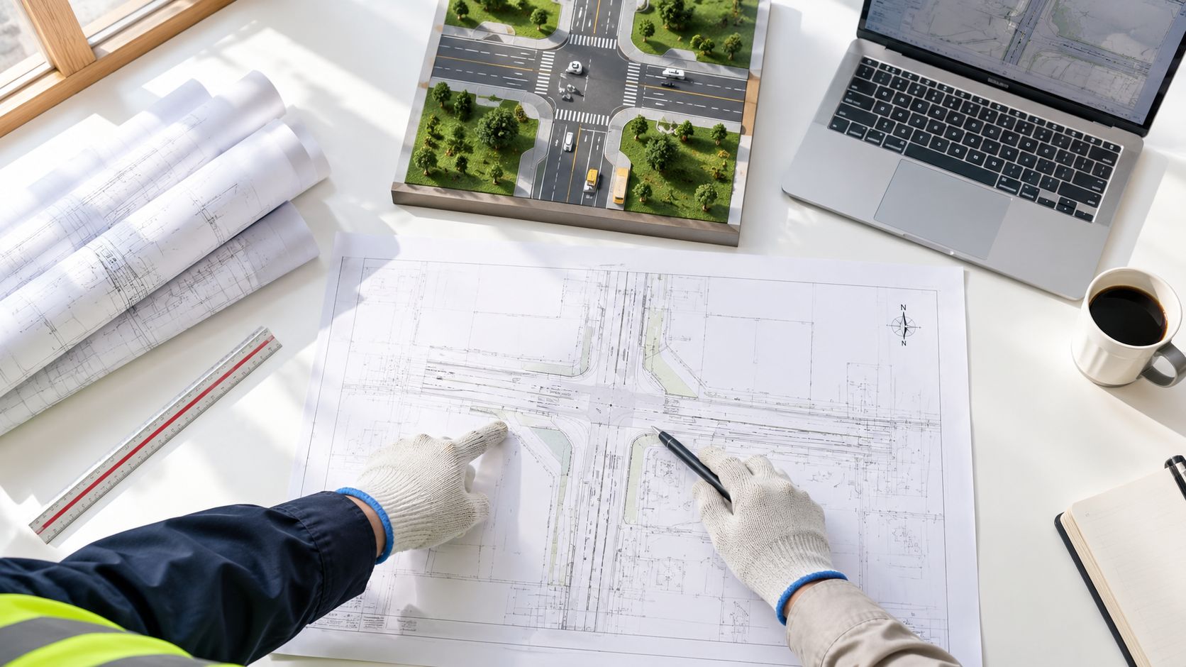 Ingeniør med arbejdshandsker arbejder med byplanlægningstegninger, en model af et vejkryds og en bærbar computer.