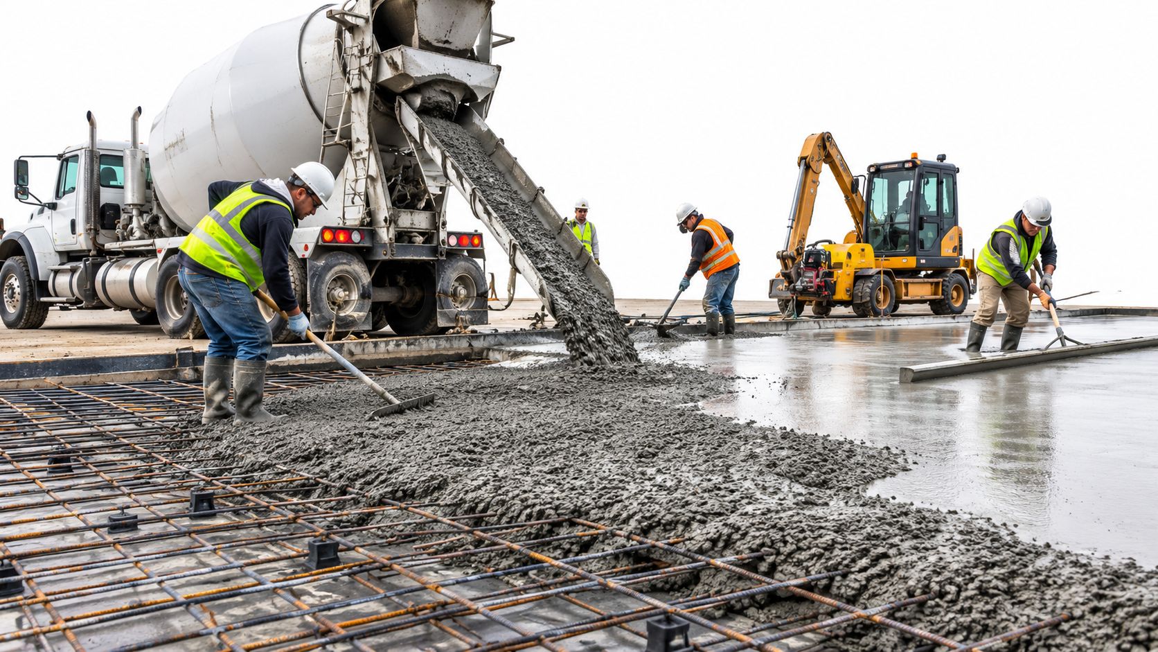 Byggearbejdere hælder frisk beton ud fra en betonbil for at skabe et nyt og solidt betongulv
